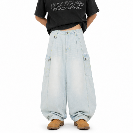 HIGH CULTURED Washed Barrel Cargo Long Jeans - 100