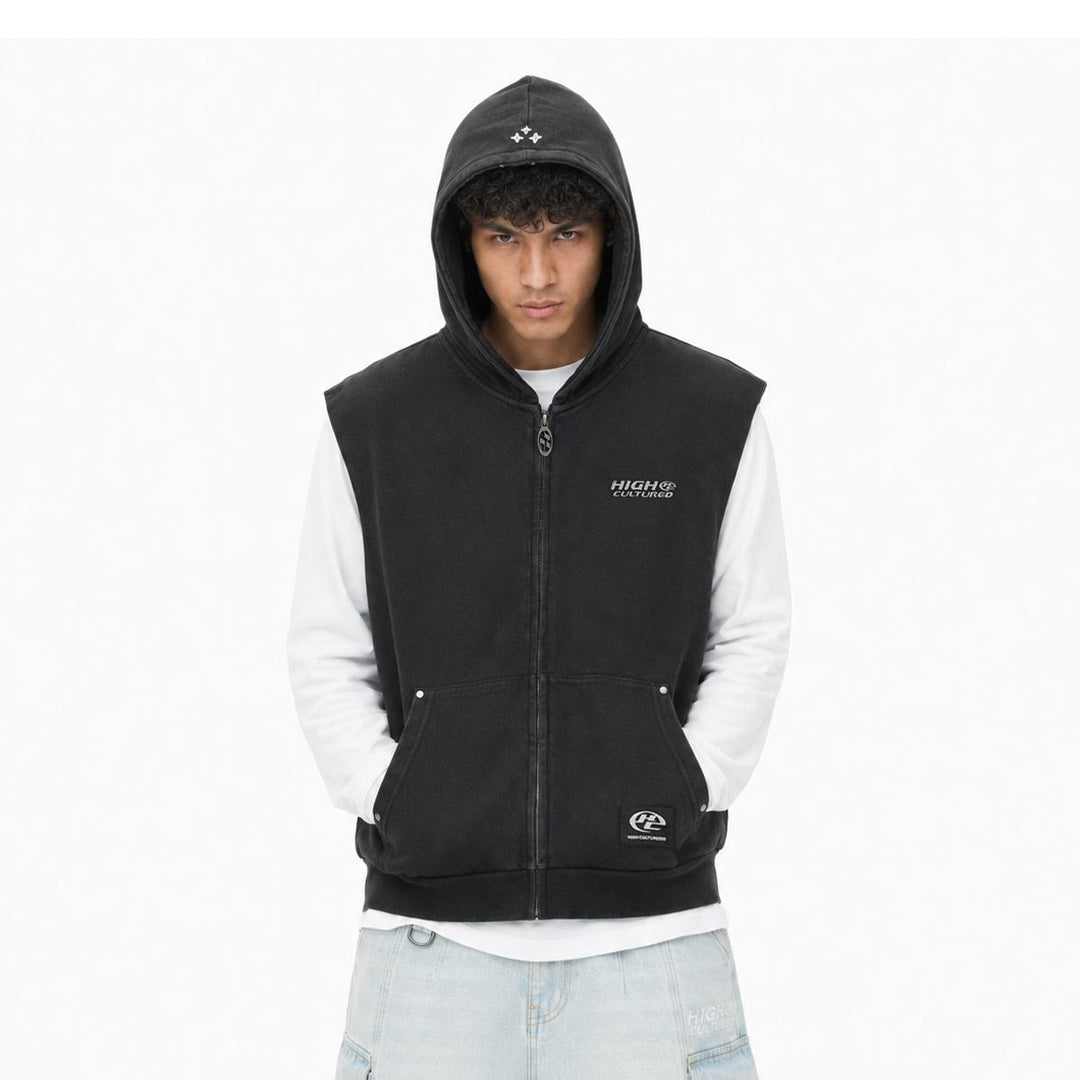 HIGH CULTURED Studded Blackletter Washed Hoodie Vest - 001
